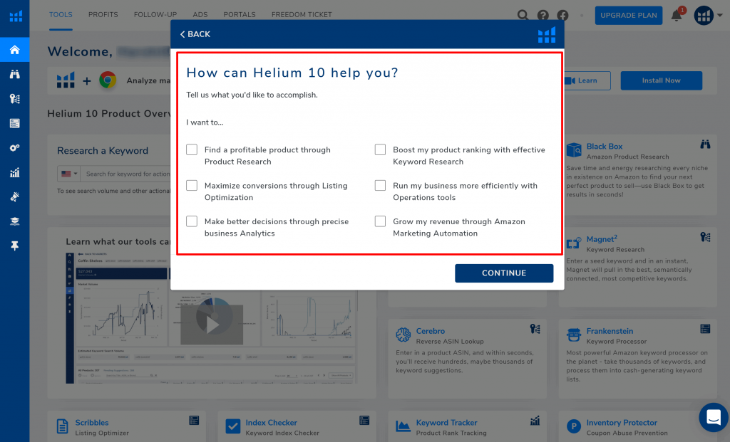 Helium 10 dashboard