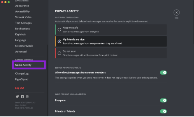 Game Activity tab