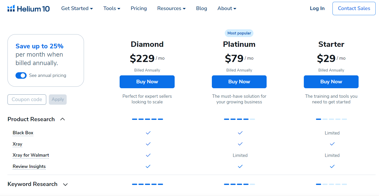 Helium 10 Pricing Plans