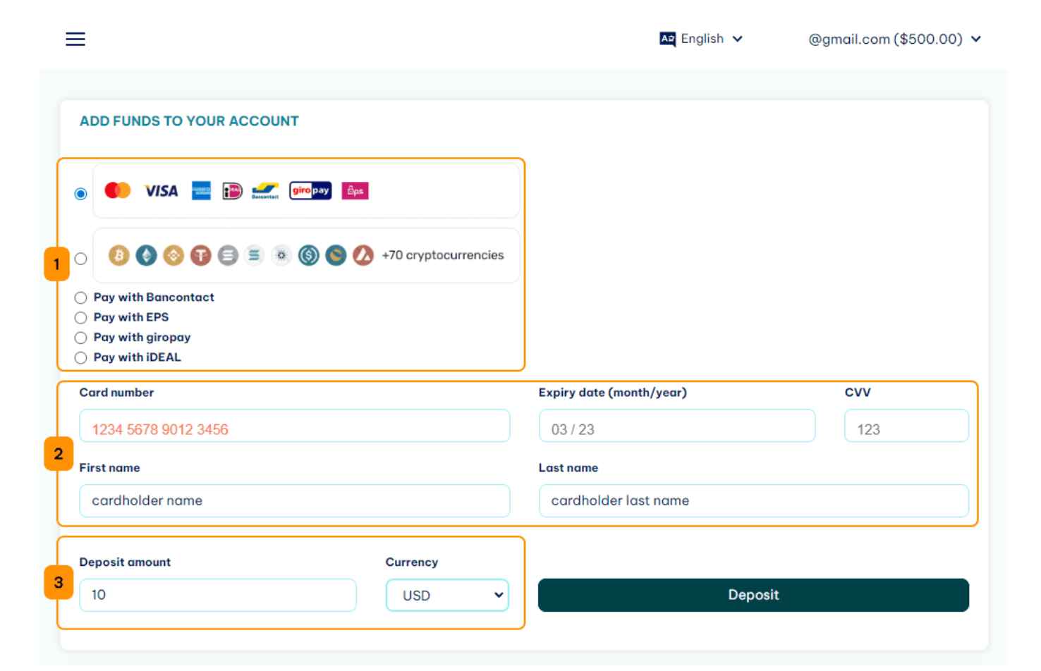 Fill in the Deposit amount and Currency fields