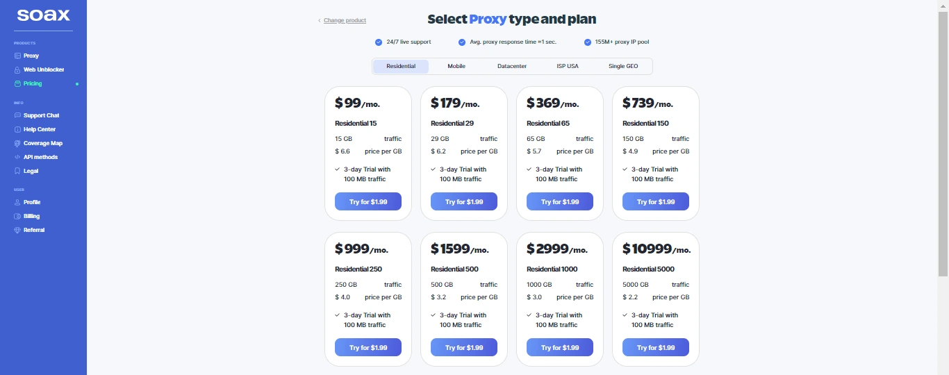 soax selet proxy plan