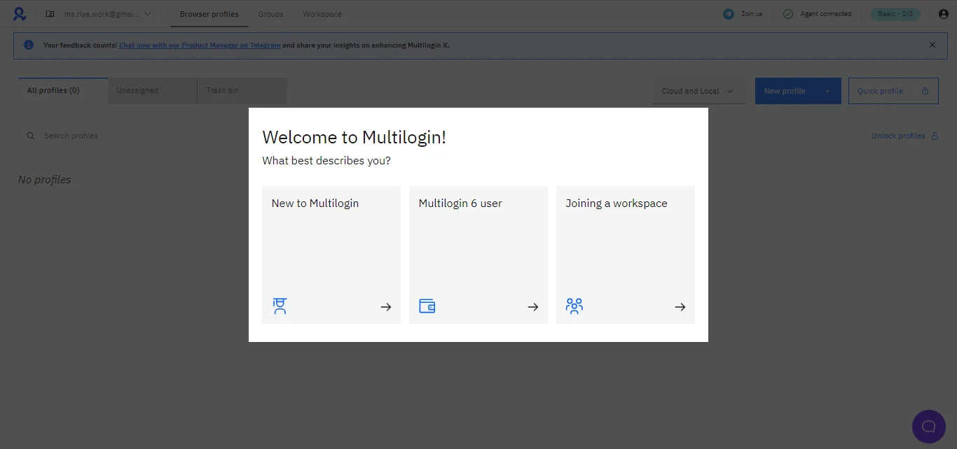 welcome page of multilogin