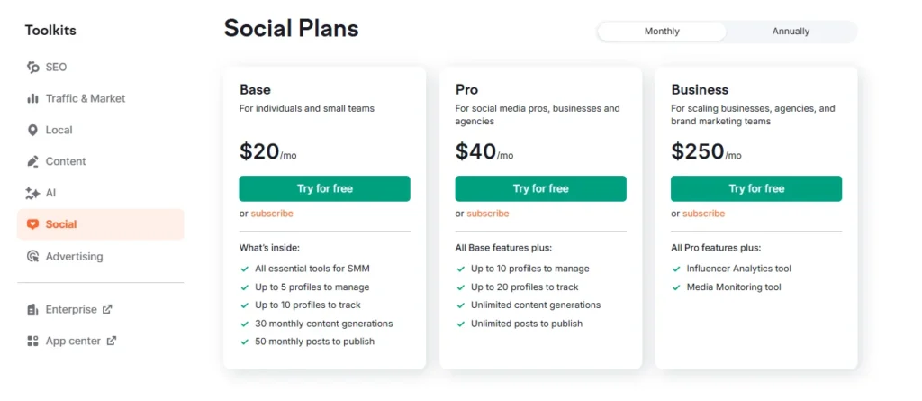 Semrush Social Plans toolkit 
