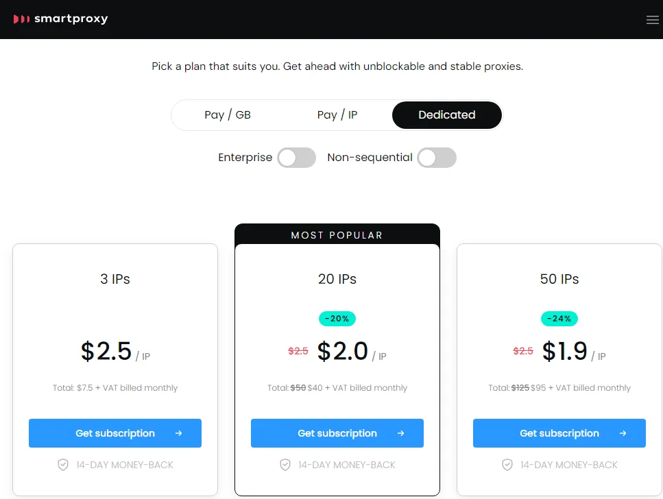 smartproxy datacenter pricing plan