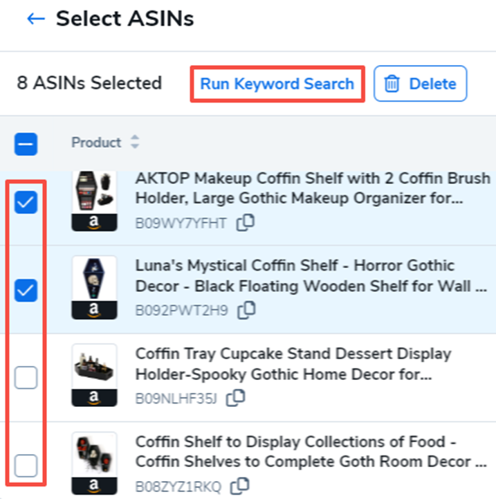 ASINs check box