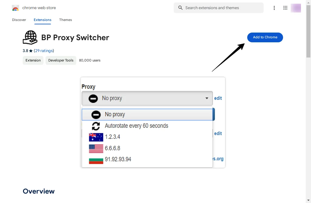 BP Proxy Switcher Chrome extension page