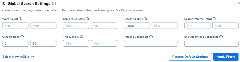 Helium 10 Global search settings