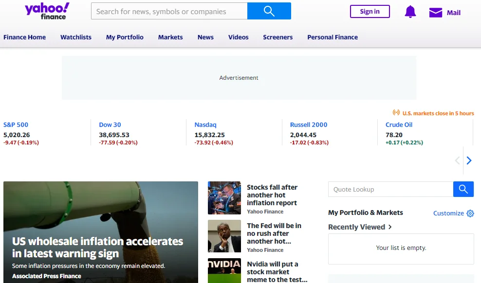 Yahoo Finance Homepage