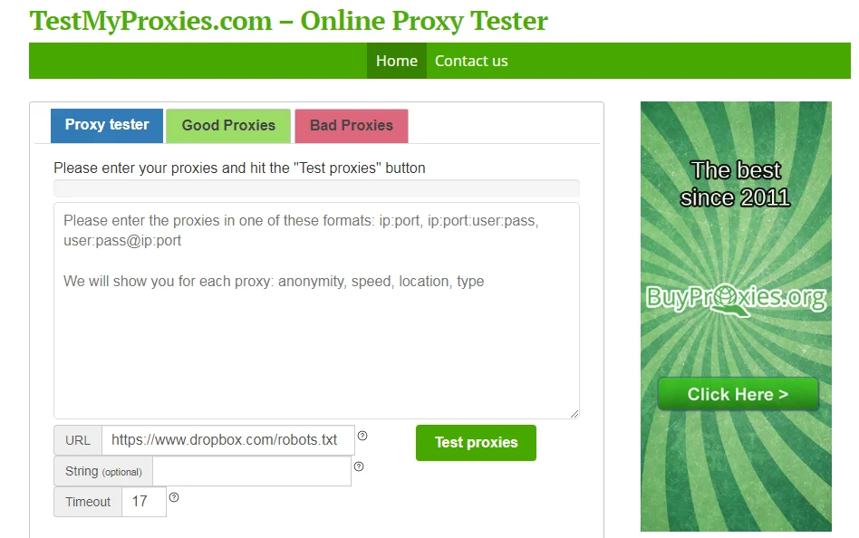 testmyproxies homepage