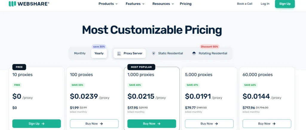 Webshare Pricing Plans 