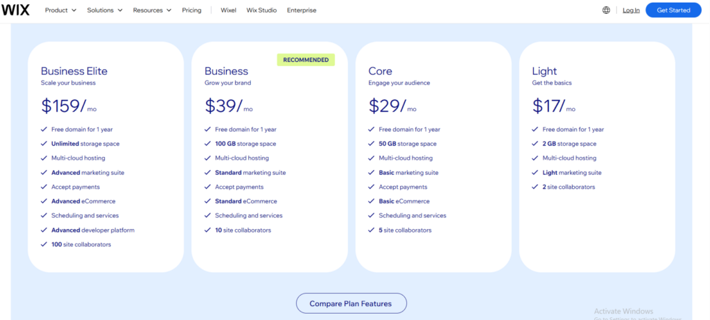 Wix Pricing Plans