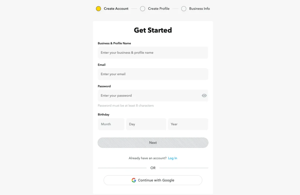 Snapchat For Business - Create Account