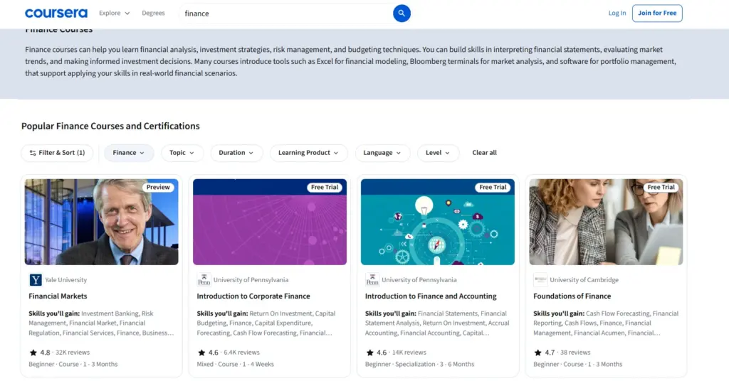 Coursera Finance certificates