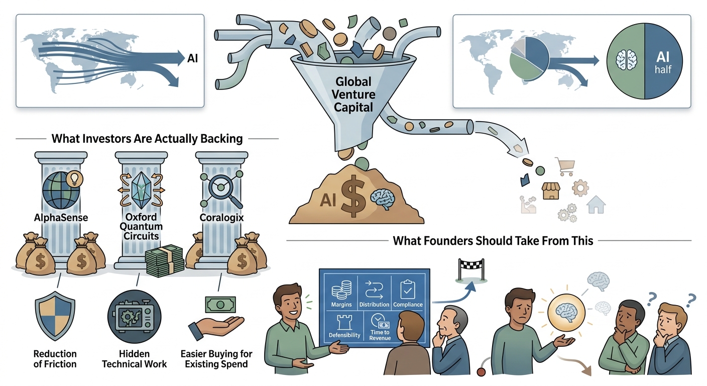Global venture capital is flowing. The problem is that it is flowing to fewer places than the headlines suggest. Tech Startup Funding news in June 2026 shows a stronger funding market, but money is flowing to a narrower group of startups. AI still takes most attention and capital. Global venture funding hit $425 billion in 2025, the U.S. captured 64%, and AI pulled in roughly half of global venture funding. Reddit's r/startups at https://www.reddit.com/r/startups/ has had ongoing threads on exactly this dynamic throughout May and June. First-time founders are expressing frustration that the macro funding headlines do not match their actual experience in conversations with investors. What Investors Are Actually Backing Within recent funding windows, the biggest checks went to companies sitting close to the infrastructure of decision-making, compute, observability, and hard operational bottlenecks. Together, AlphaSense in enterprise market intelligence, Oxford Quantum Circuits in quantum infrastructure, and Coralogix in observability for AI-era software systems accounted for the overwhelming share of disclosed capital. The strongest funding signals are clear: startups won attention when they reduced friction, hid hard technical or regulated work from users, and made buying easier for companies already spending money in that area. On X at https://x.com/search?q=startup+funding+June+2026 the investor commentary is consistent — proof of demand matters more than product sophistication. A startup with paying customers and a clear category claim raises faster than a technically impressive product with no commercial validation. What Founders Should Take From This Investors are asking harder questions about margins, distribution, compliance, defensibility, and time to revenue. Labeling your product as AI is not enough. The AI label is now table stakes. What matters is what specific problem you solve, for whom, and why they cannot solve it without you.